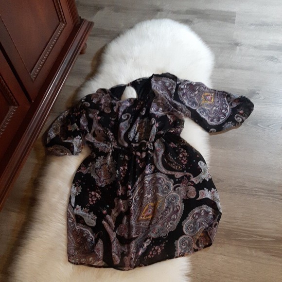 Express Womens Size M Drop Waist Dress Lined Scoop Neck 3/4 Sleeve Black/Paisley - Picture 7 of 10